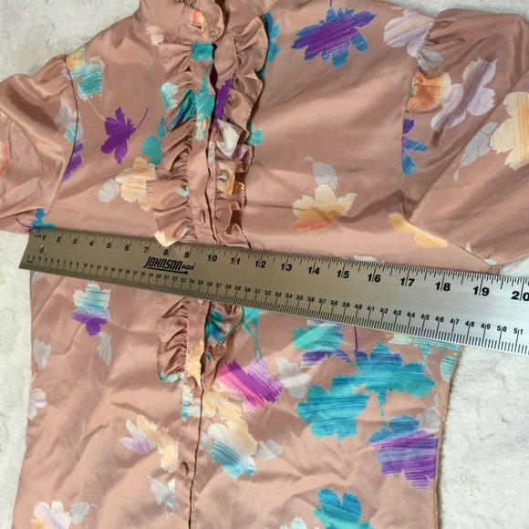 Vintage Helen Fabrikant Top Womens Button Front Floral Ruffle Shirt Size 8 Peach - Picture 6 of 10